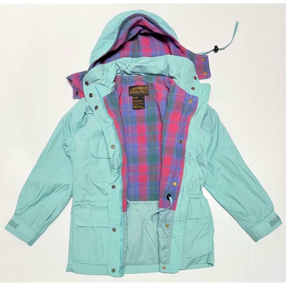 VTG Eddie Bauer Womens Teal Plaid Wool Lined Hooded‎ Parka Jacket Small